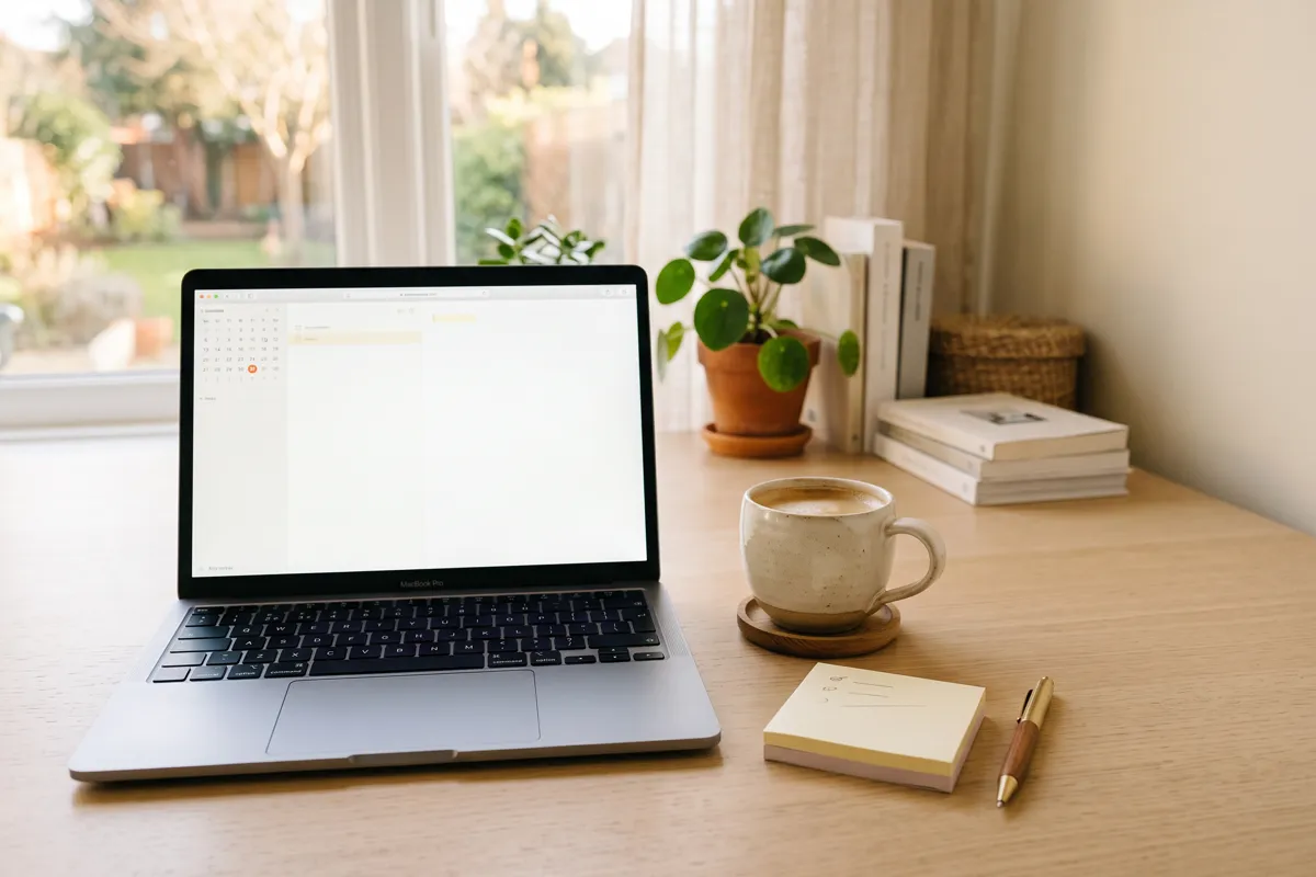 Bright desk with laptop, coffee mug and sticky notes on cream background