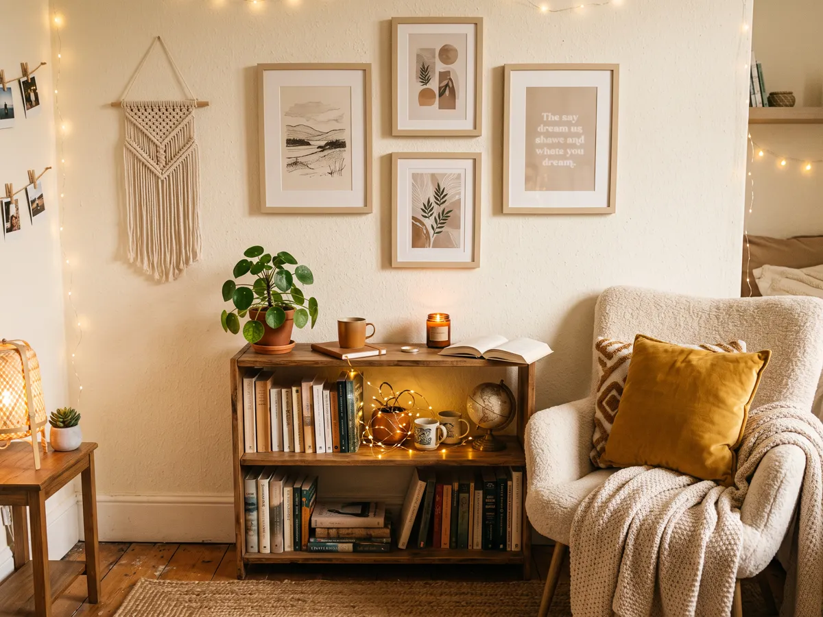 Dorm corner with framed beige prints, plant and fairy lights